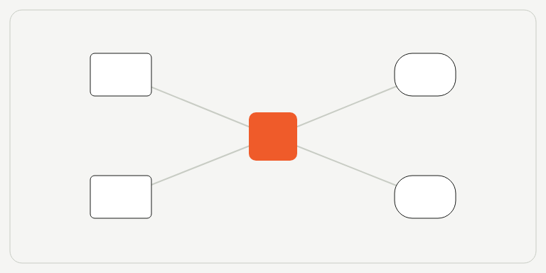 Different endpoints connect through a shared interface while retaining their own shapes. The scene illustrates interoperability as a design goal, not a completed partnership.
